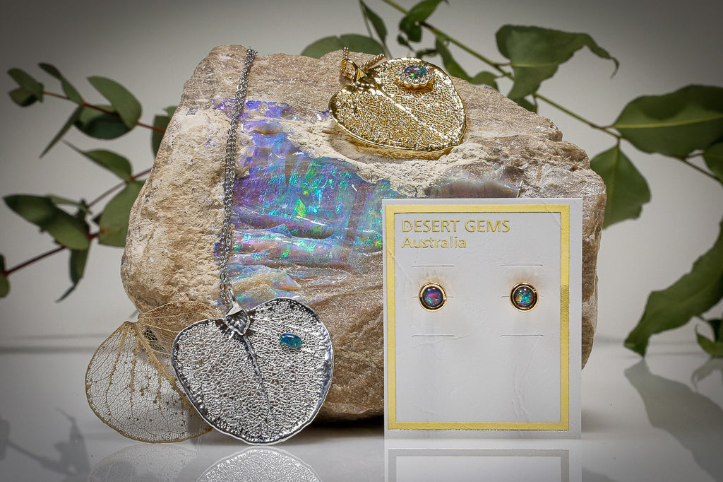 Opals on Leaf Jewellery - Leaf Pendant + Opal Earring SETS