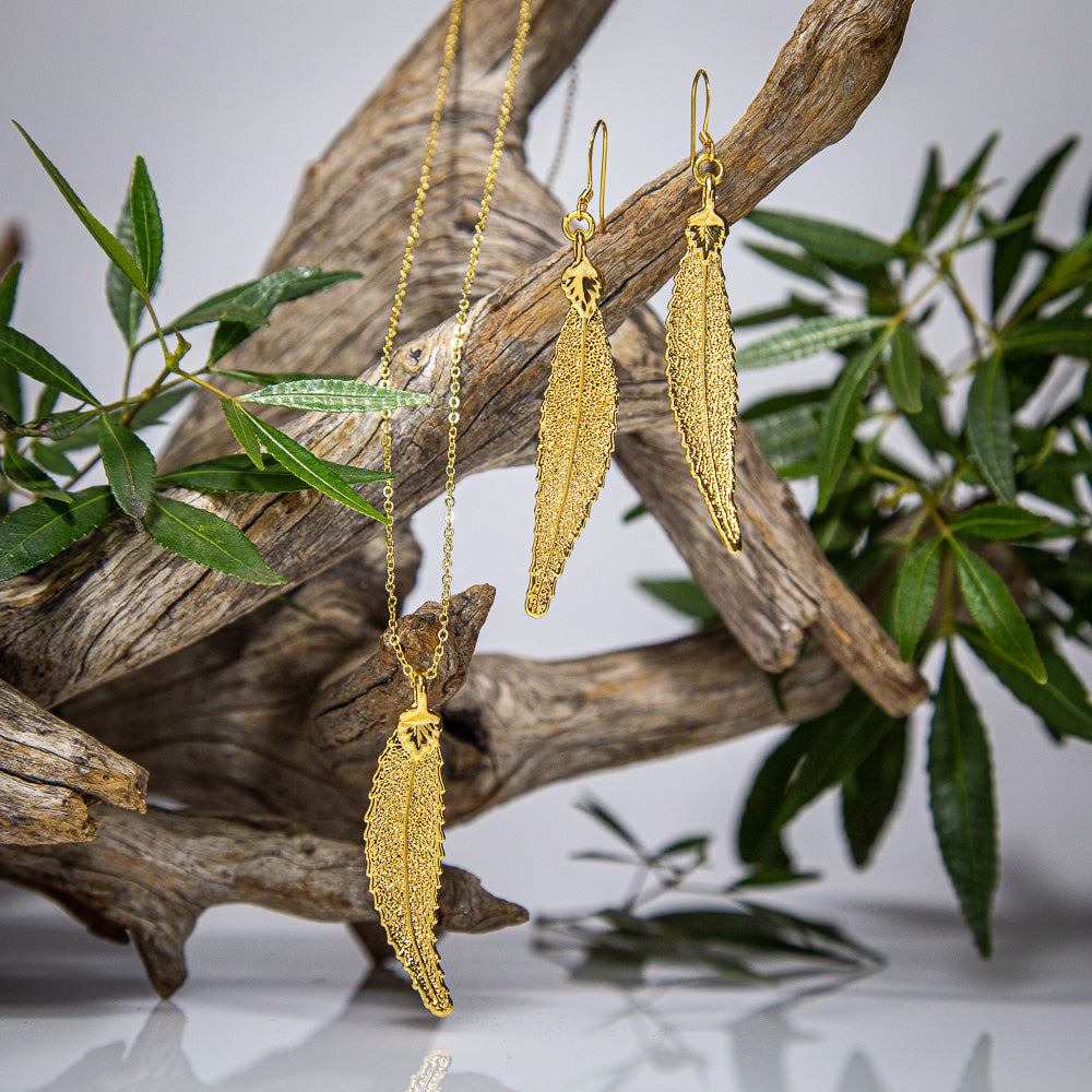 Christmas Bush of NSW Leaf Gold Pendant & Earrings Set
