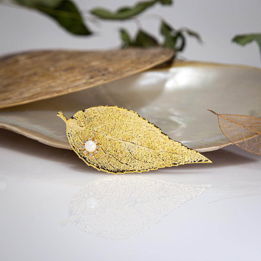Pearls & Sparkling Zirconia on Eucalyptus Leaf Gold Brooch