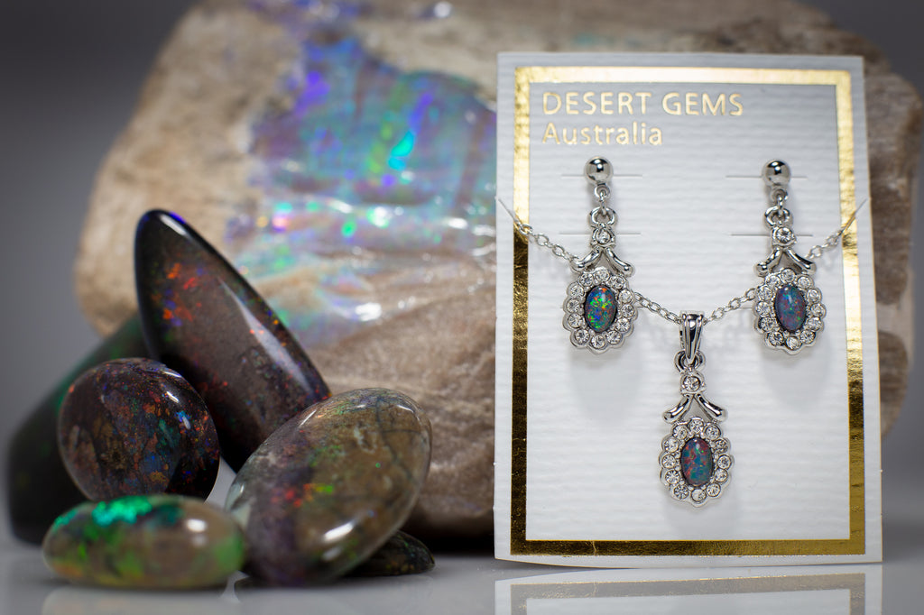 Opal Regal Drop Silver Earrings & Pendant SET