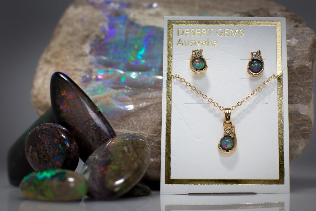 Opal & Zirconia Gold Earrings & Pendant