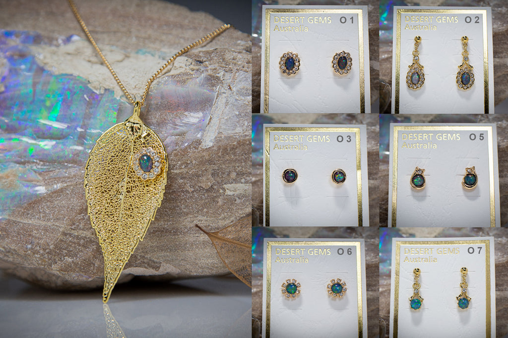 Opal & Zirconia on Eucalyptus Leaf Gold Pendant & Opal Earrings