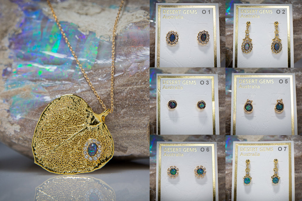 Opal & Zirconia on Apple Gum Eucalyptus Leaf Gold Pendant & Opal Earrings