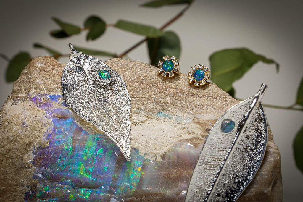 Opals on Leaf Jewellery - Leaf Brooches with Opal