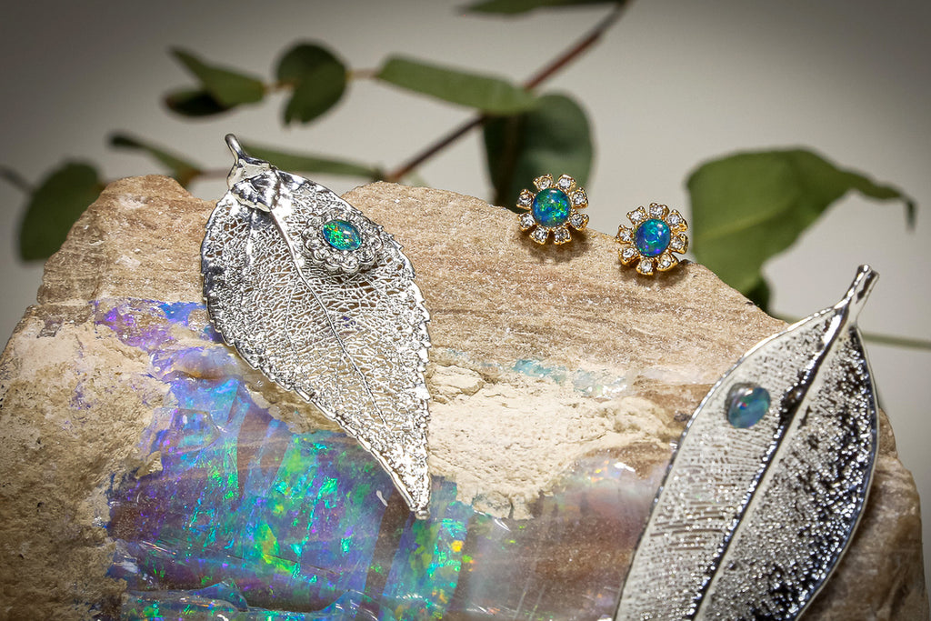 Opals on Leaf Jewellery - Leaf Brooch + Opal Earrings SETS
