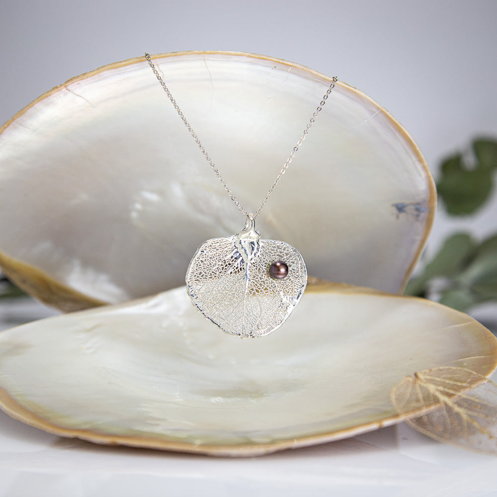 Pearls on Eucalyptus Apple Gum Leaf Silver Pendant