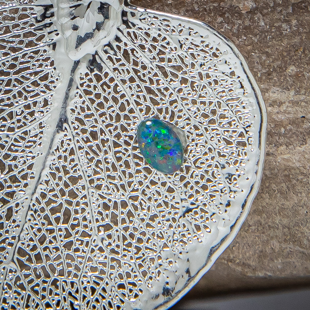 Opal on Eucalyptus Apple Gum Leaf Silver Pendant