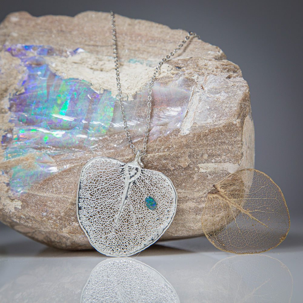 Opal on Eucalyptus Apple Gum Leaf Silver Pendant