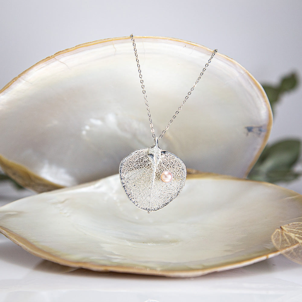 Pearls on Eucalyptus Apple Gum Leaf Silver Pendant