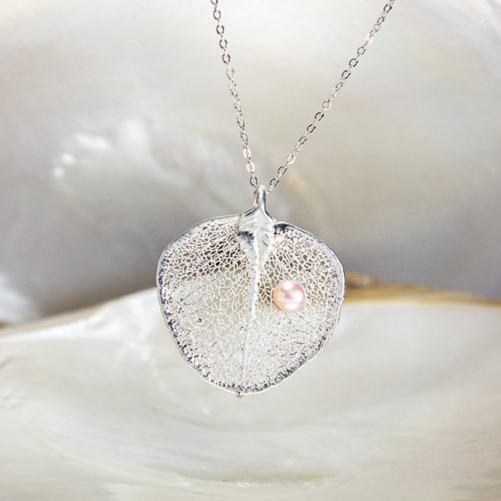 Pearls on Eucalyptus Apple Gum Leaf Silver Pendant