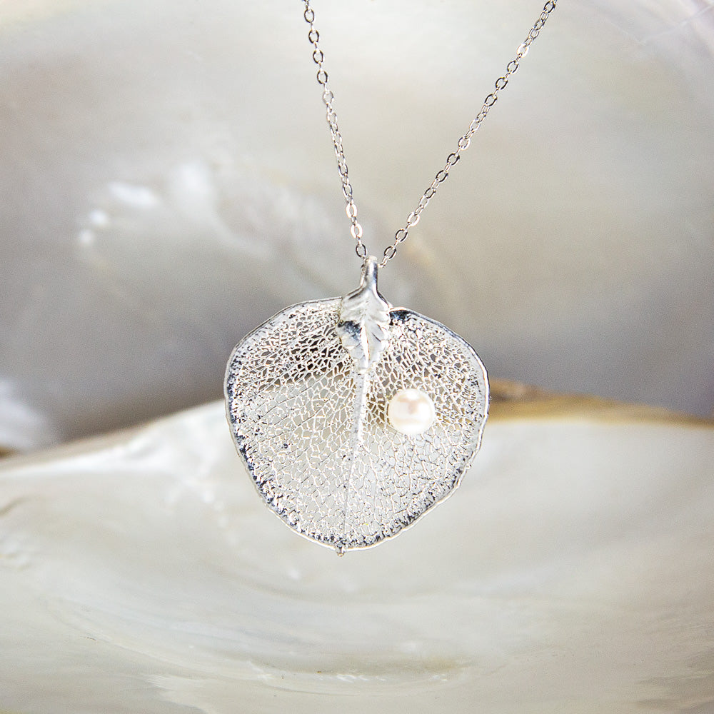 Pearls on Eucalyptus Apple Gum Leaf Silver Pendant