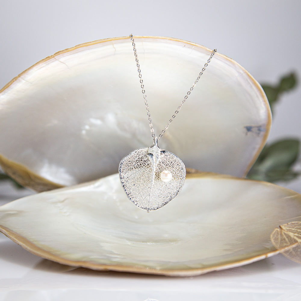 Pearls on Eucalyptus Apple Gum Leaf Silver Pendant