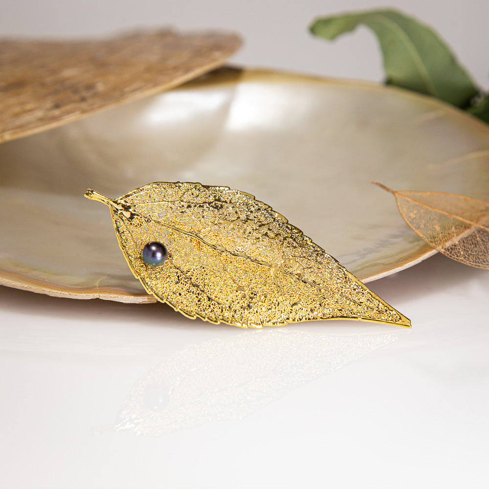 Pearls on Eucalyptus Leaf Gold Brooch