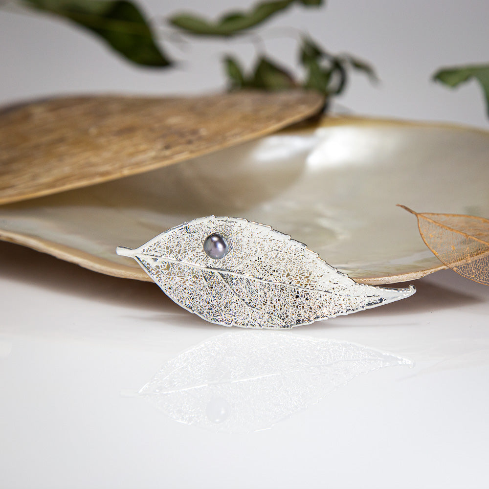 Pearls on Eucalyptus Leaf Silver Brooch