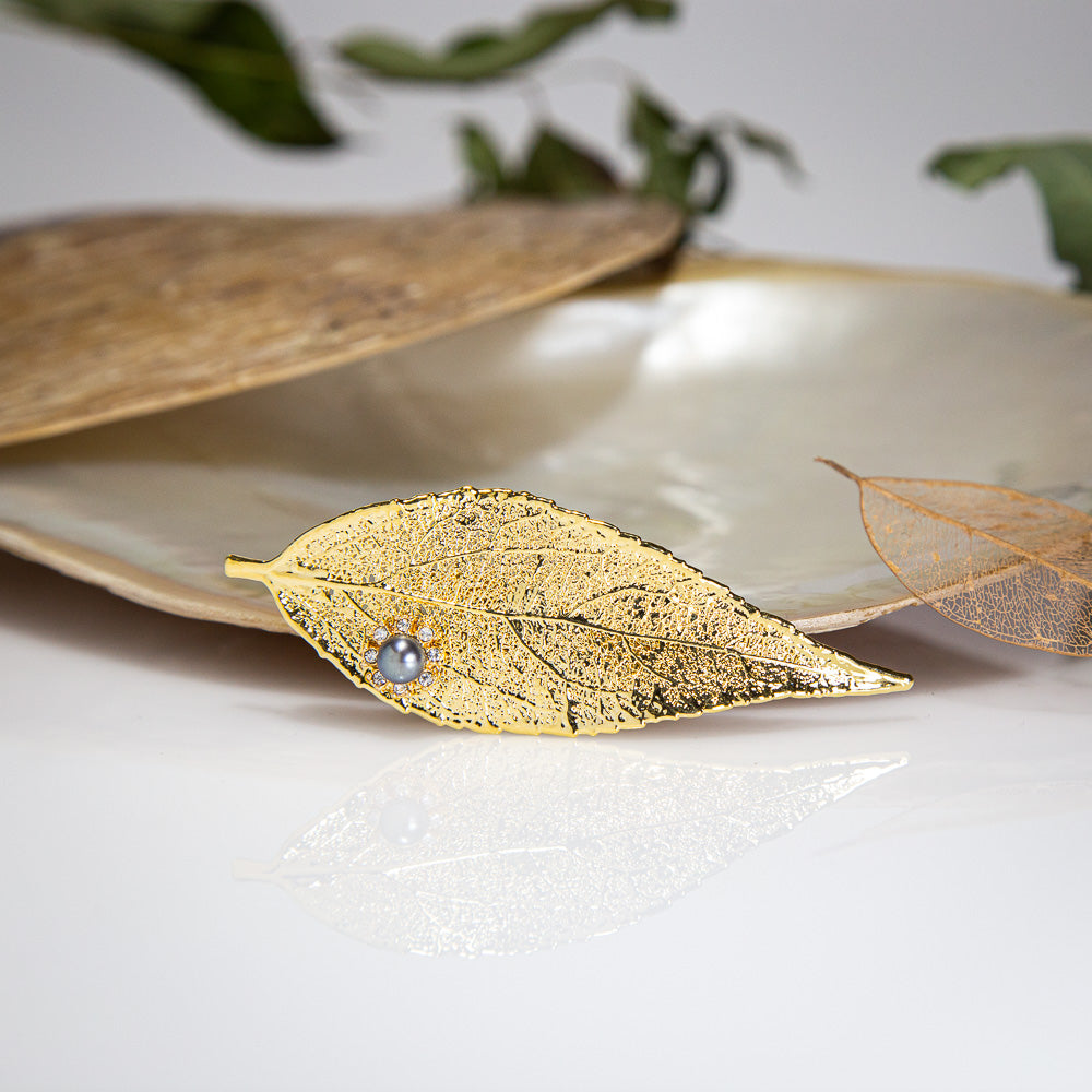 Pearls & Sparkling Zirconia on Eucalyptus Leaf Gold Brooch