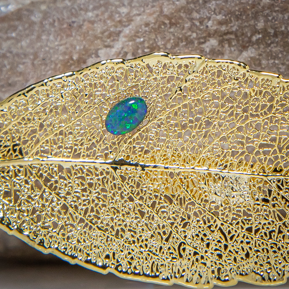Opal on Eucalyptus Leaf Gold Brooch
