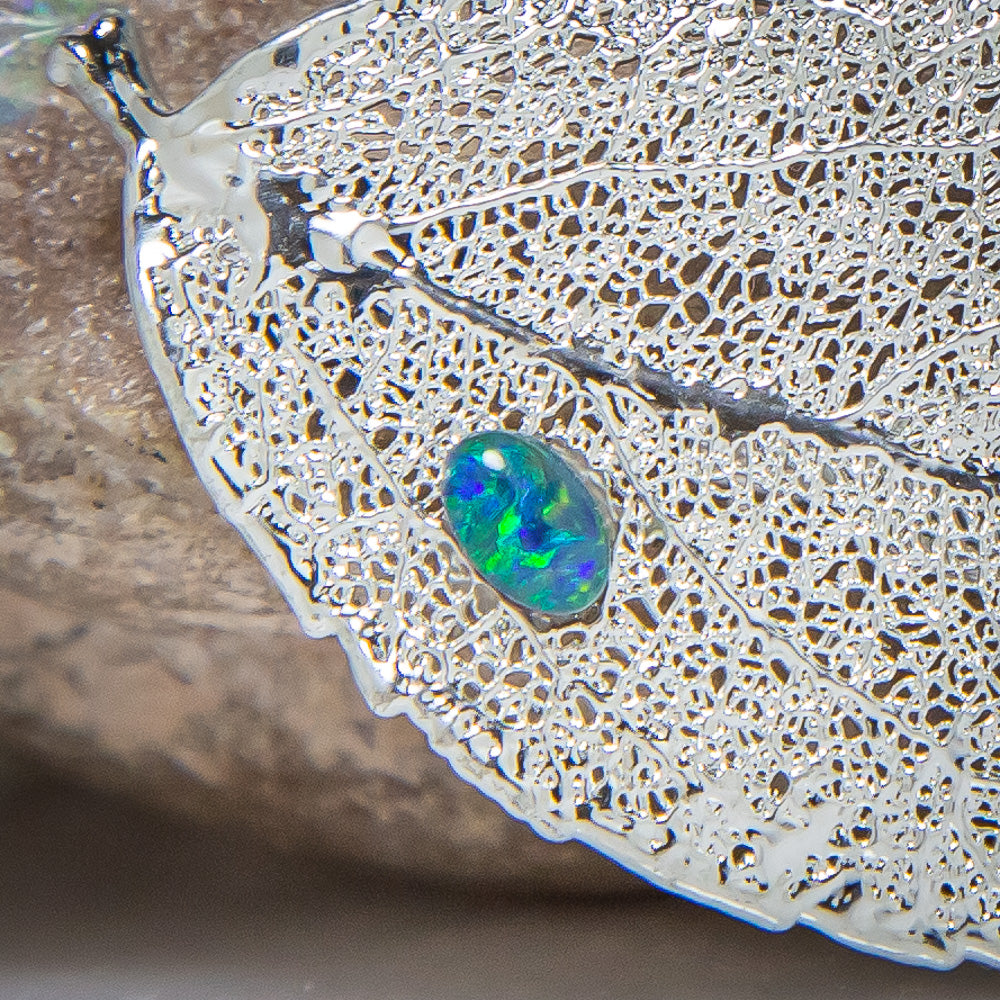 Opal on Eucalyptus Leaf Silver Brooch