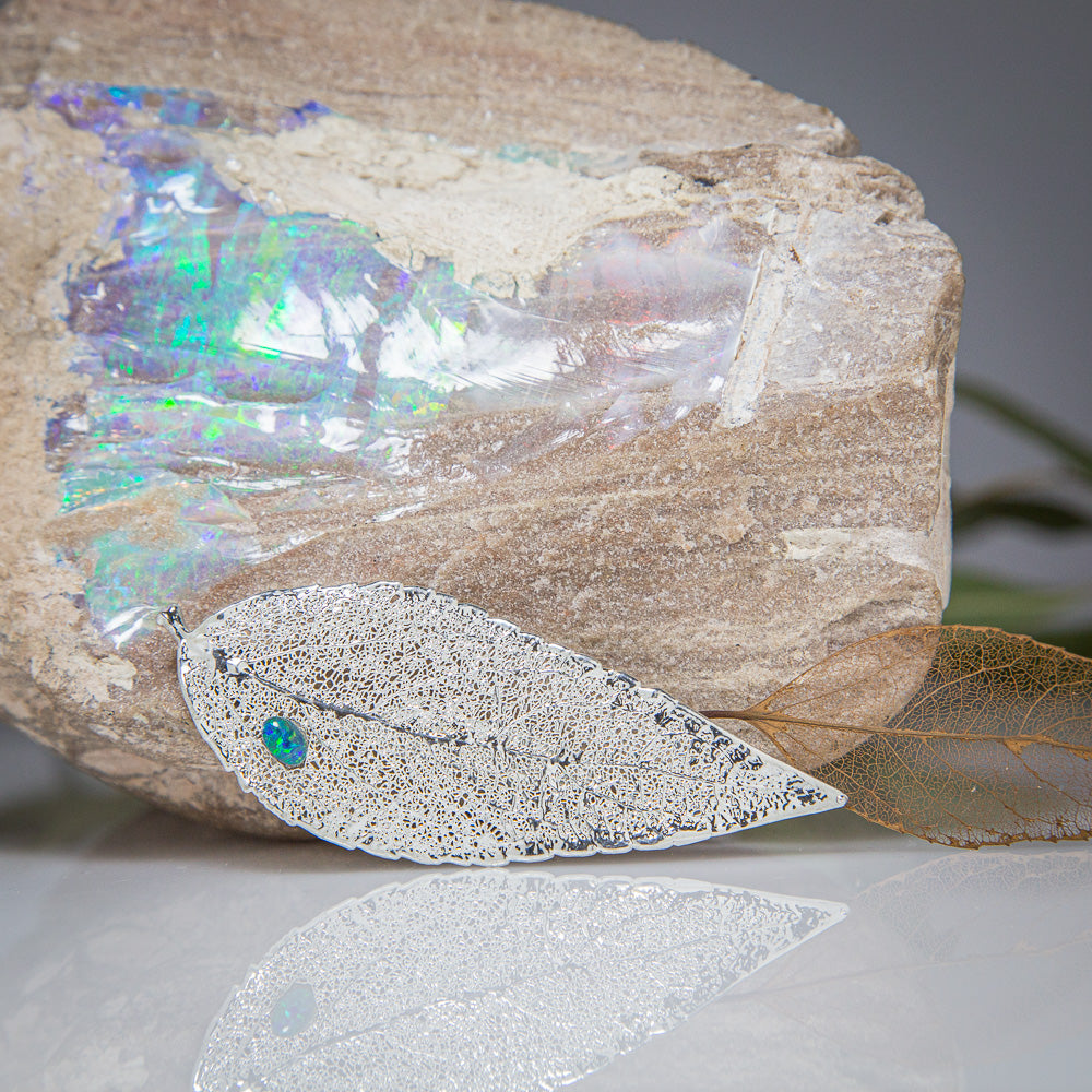 Opal on Eucalyptus Leaf Silver Brooch