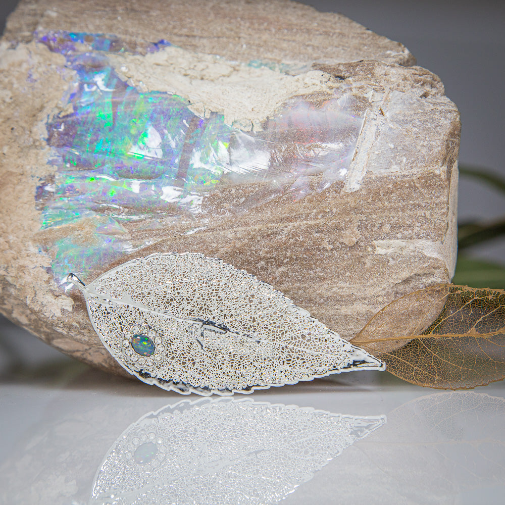 Opal & Sparkling Zirconia on Silver Eucalyptus Leaf Brooch