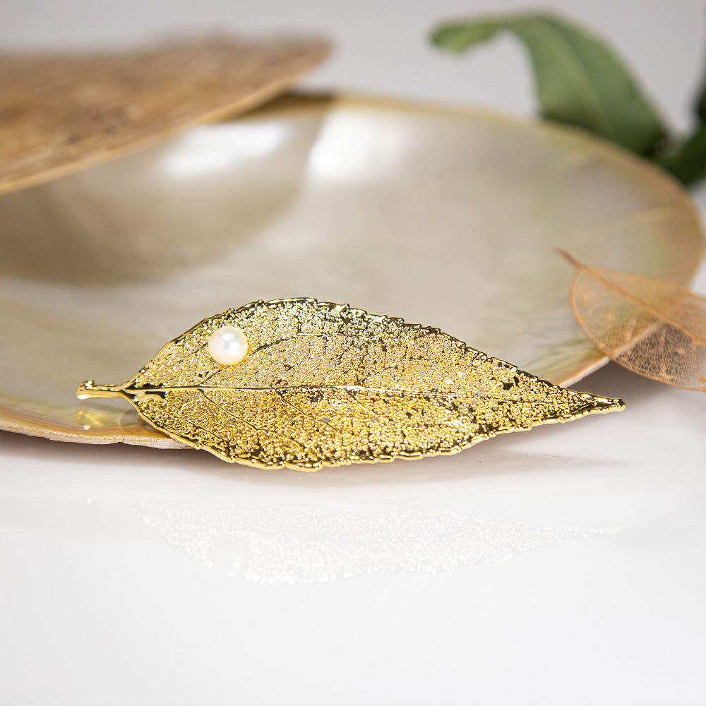 Pearls on Eucalyptus Leaf Gold Brooch