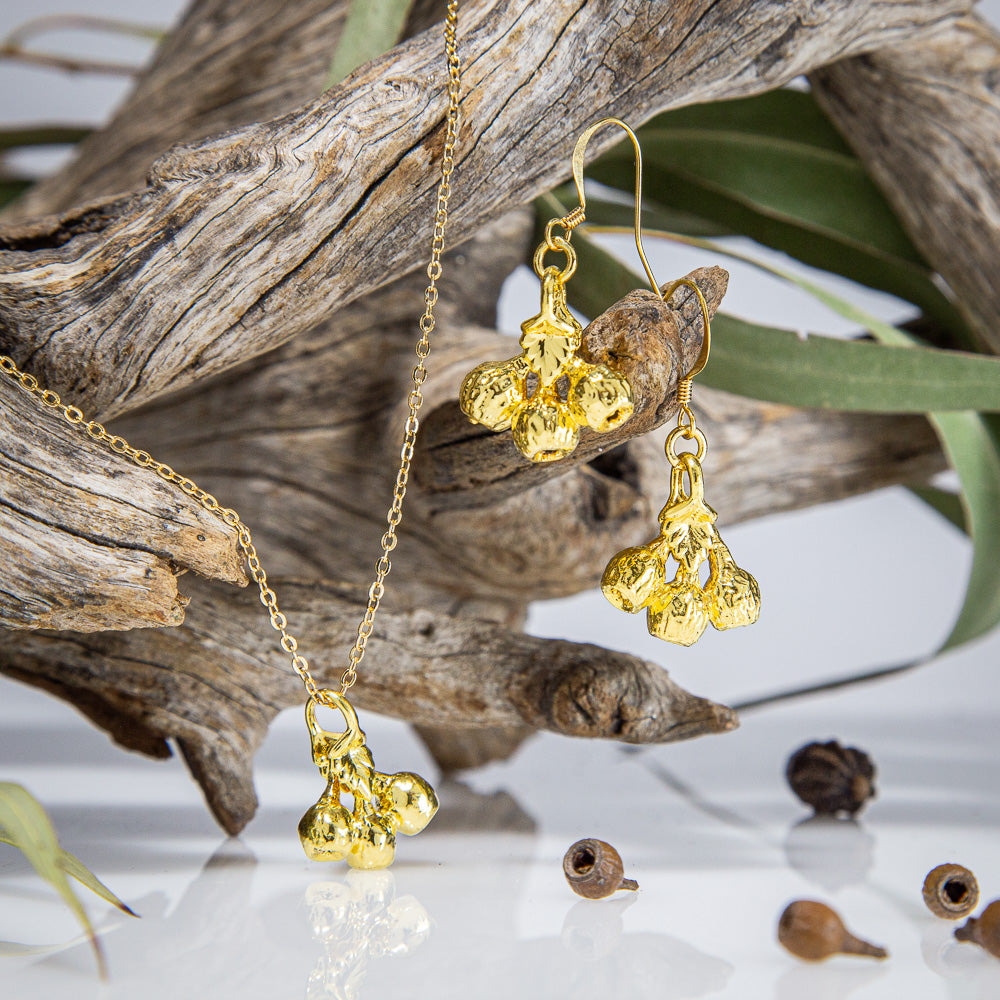 Eucalyptus Mallee Gum Nut Gold Pendant & Earrings Set
