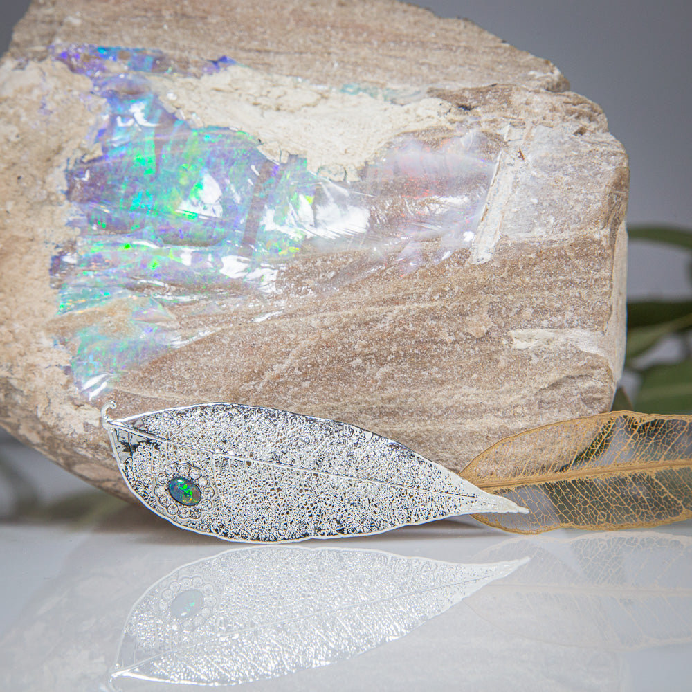 Opal & Sparkling Zirconia on Silver Eucalyptus Red Gum Leaf Brooch