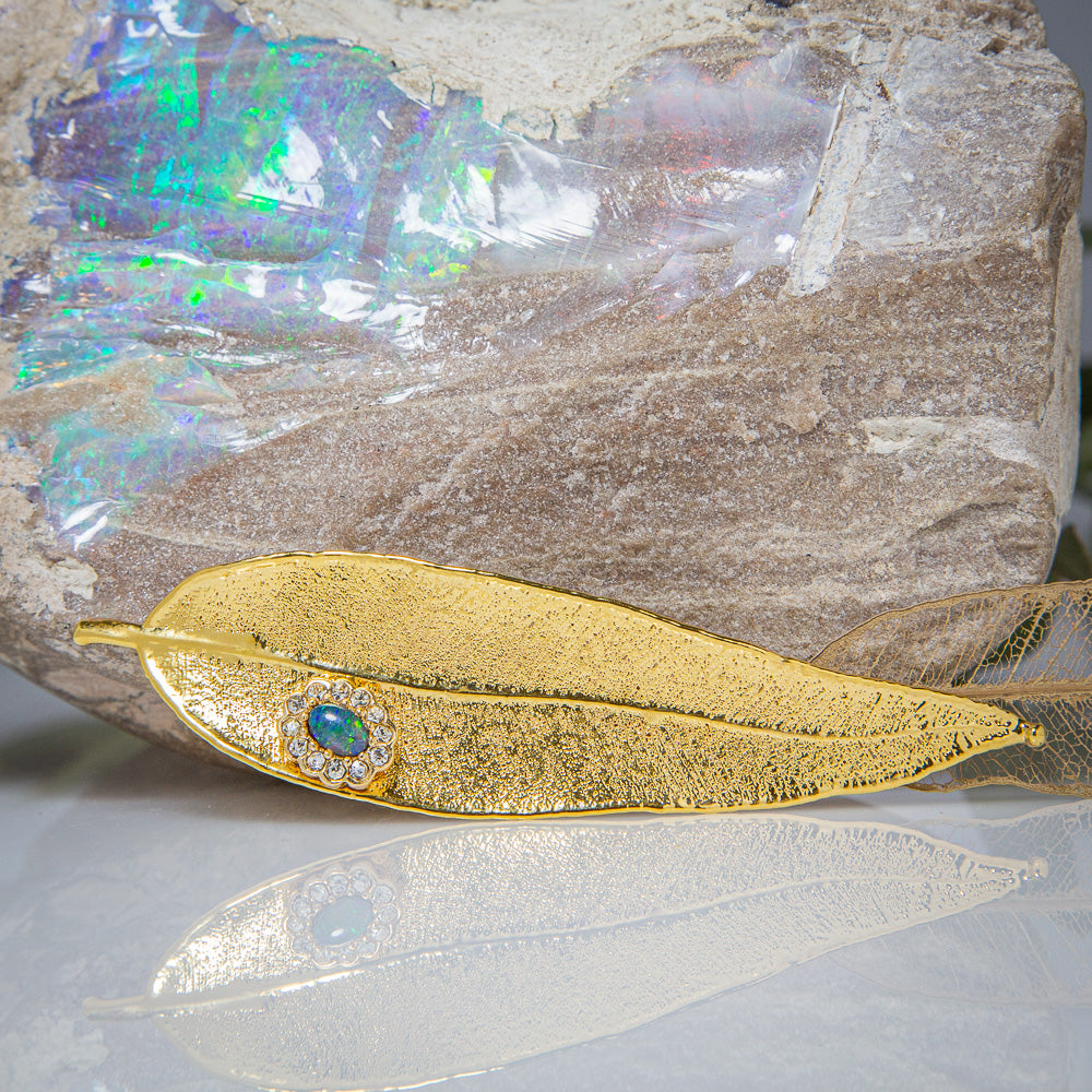 Opal & Sparkling Zirconia on Gold Eucalyptus Red Gum Leaf Brooch