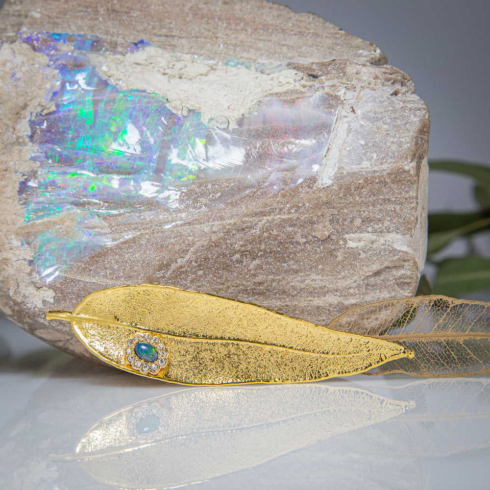 Opal & Sparkling Zirconia on Gold Eucalyptus Red Gum Leaf Brooch
