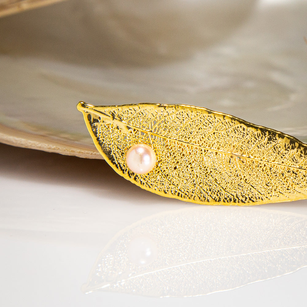 Pearls on Eucalyptus Red Gum Leaf Gold Brooch