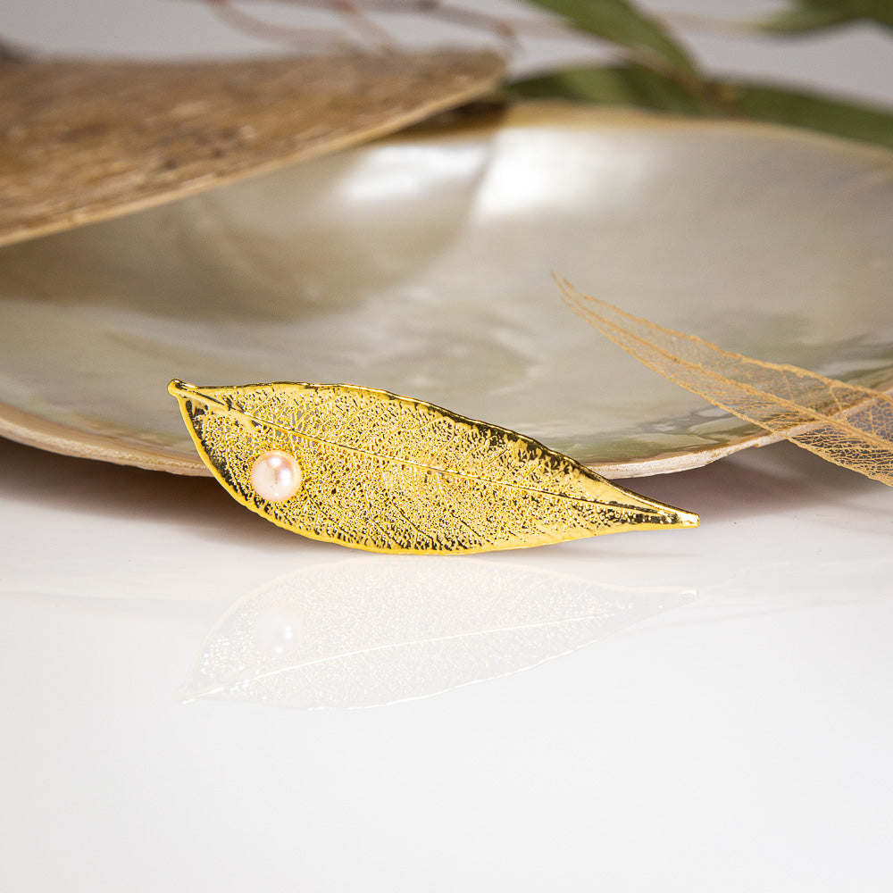Pearls on Eucalyptus Red Gum Leaf Gold Brooch