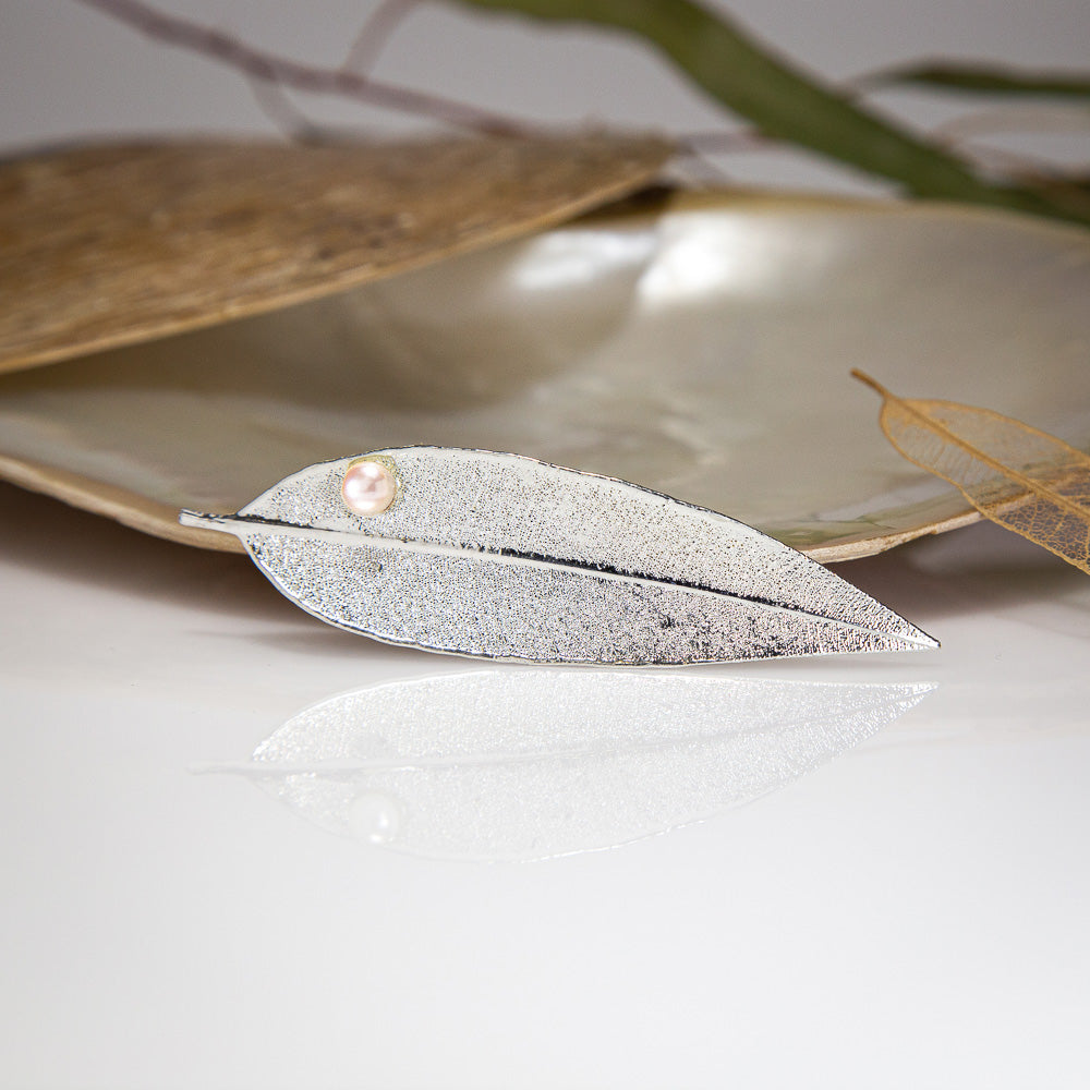 Pearls on Eucalyptus Red Gum Leaf Silver Brooch