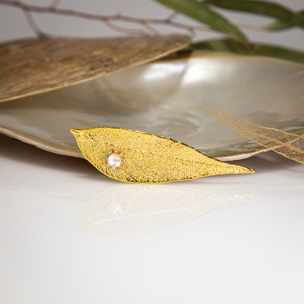 Pearls & Sparkling Zirconia on Eucalyptus Red Gum Leaf Gold Brooch