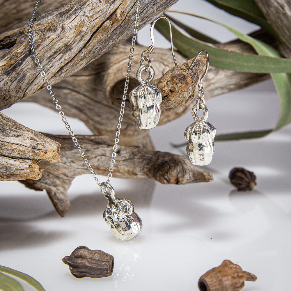 Eucalyptus Scribbly Gumnut Silver Pendant & Earrings Set