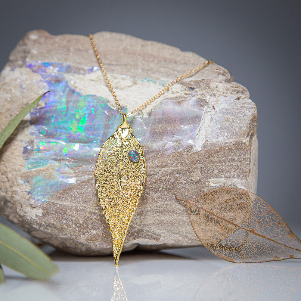 Opal on Eucalyptus Real Leaf Gold Pendant