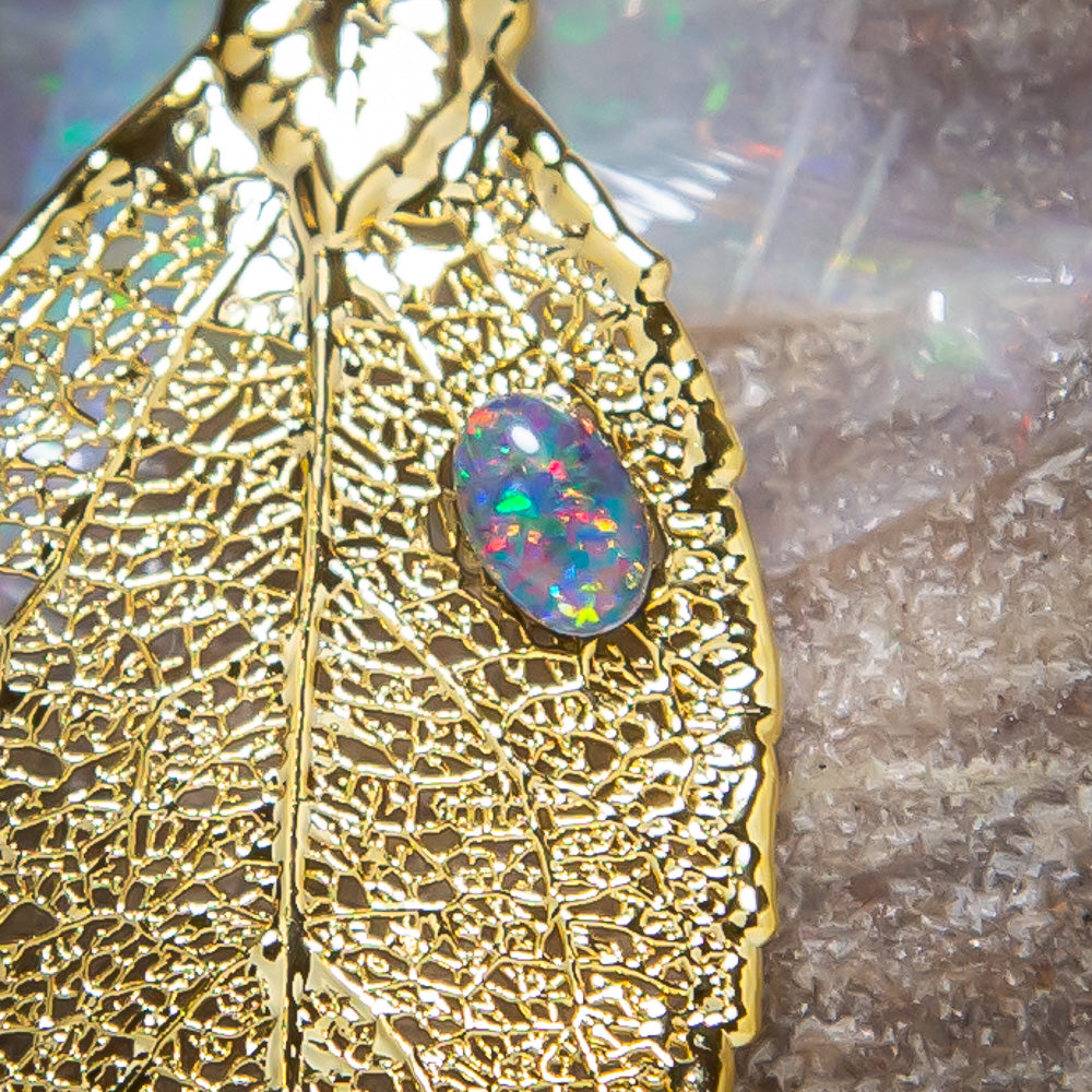 Opal on Eucalyptus Real Leaf Gold Pendant