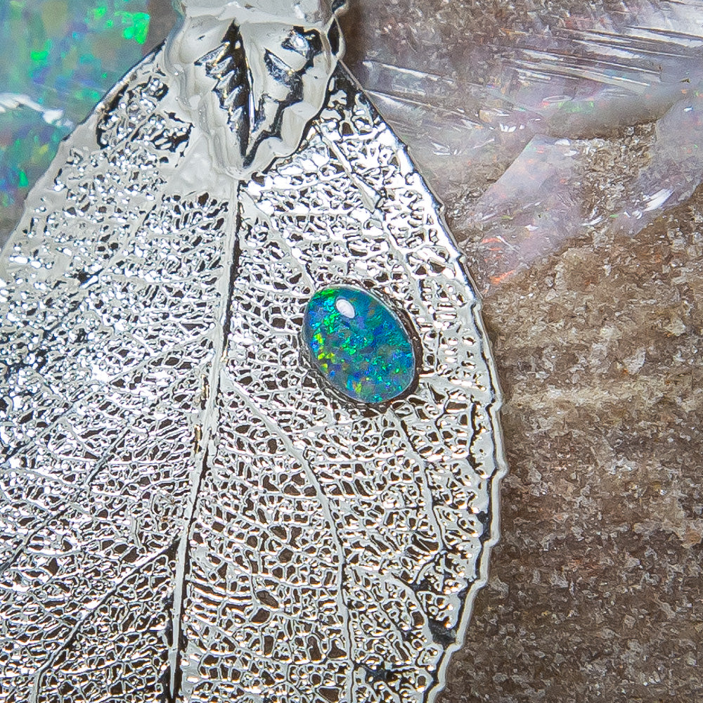 Opal on Eucalyptus Real Leaf Silver Pendant