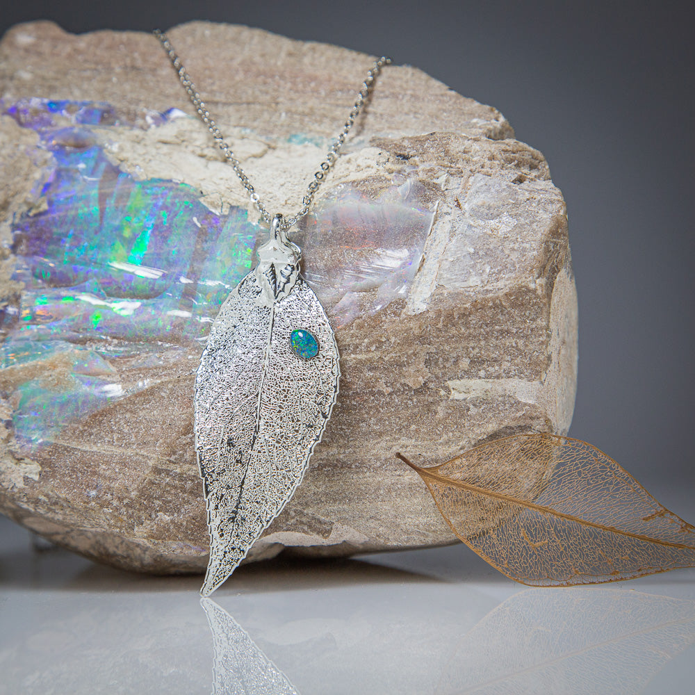 Opal on Eucalyptus Real Leaf Silver Pendant
