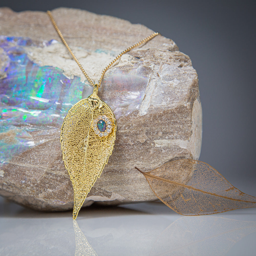 Opal & Sparkling Zirconia on Gold Eucalyptus Leaf Pendant