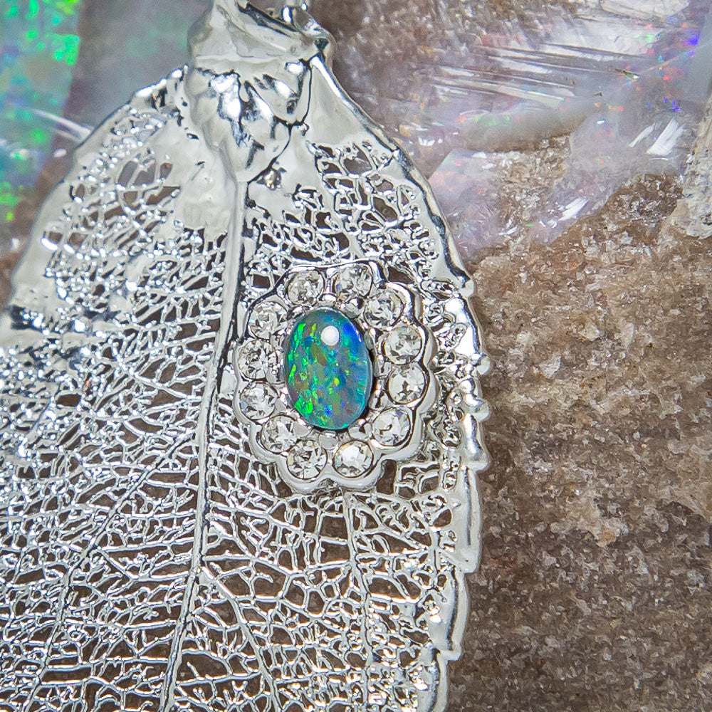 Opal & Sparkling Zirconia on Silver Eucalyptus Leaf Pendant