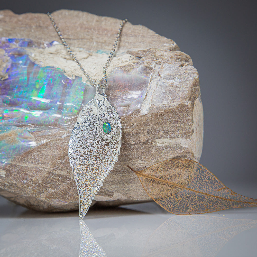 Opal & Sparkling Zirconia on Silver Eucalyptus Leaf Pendant
