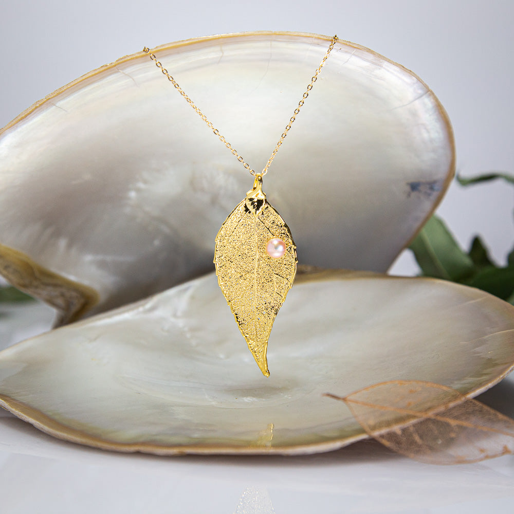 Pearls on Eucalyptus Leaf Gold Pendant Real Leaf Jewellery Australia