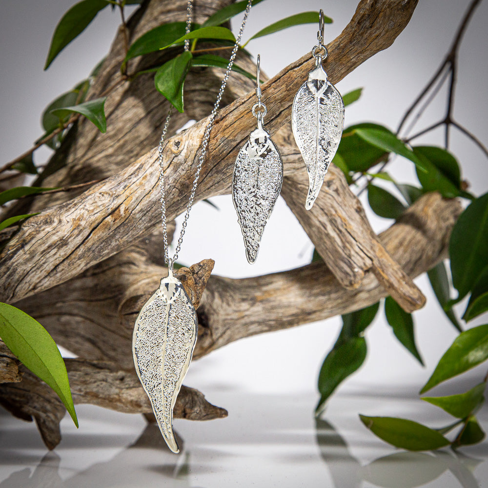 Lilly Pilly Leaf Silver Pendant & Earrings Set