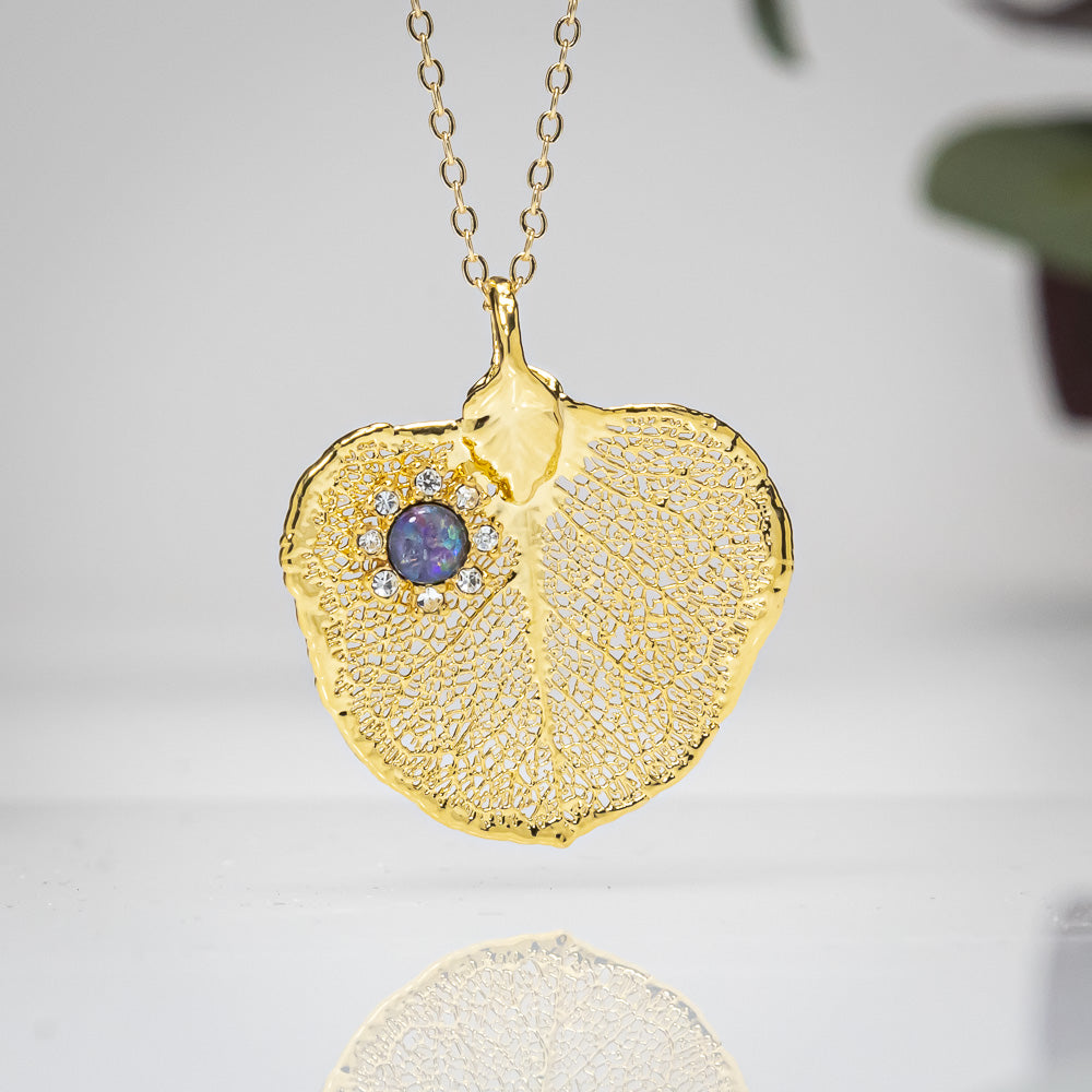 Opal & Zirconia Flower on Apple Gum Eucalytus Leaf -  Gold Pendant