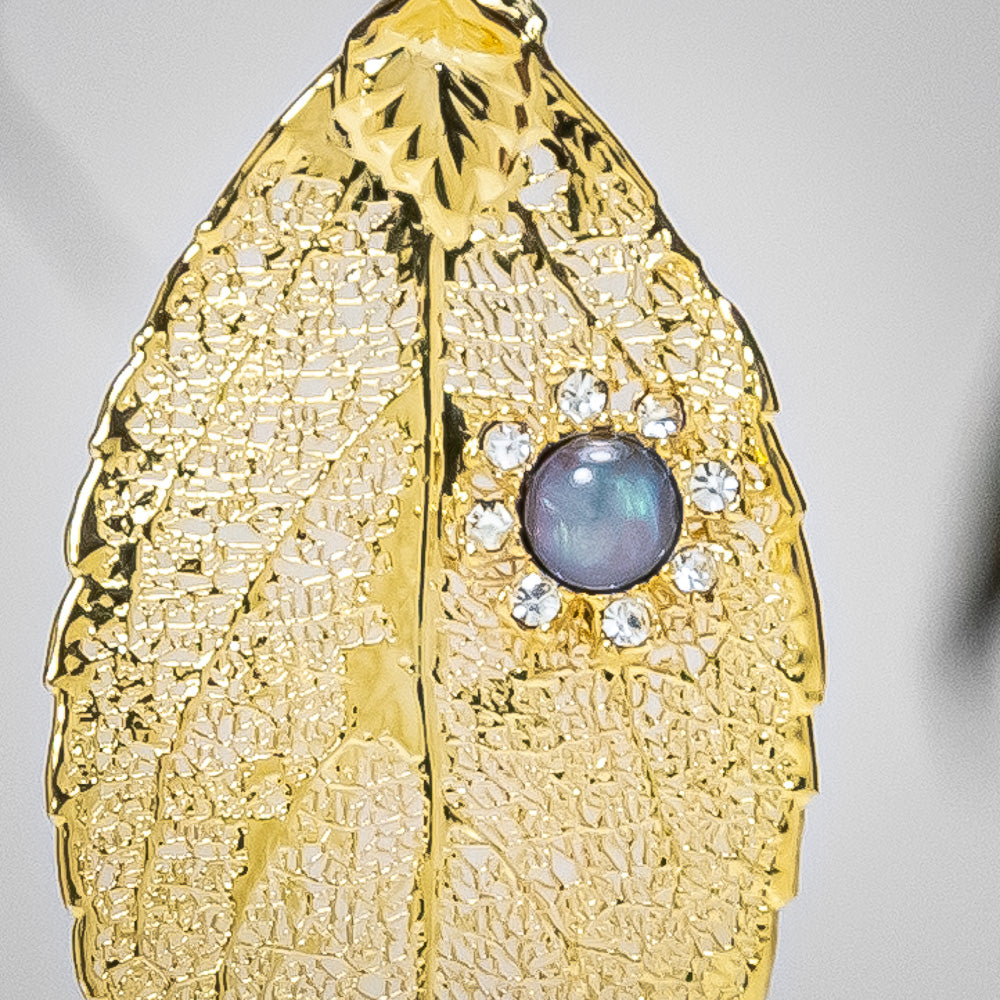 Opal & Zirconia Flower on Eucalyptus Leaf - Gold Pendant