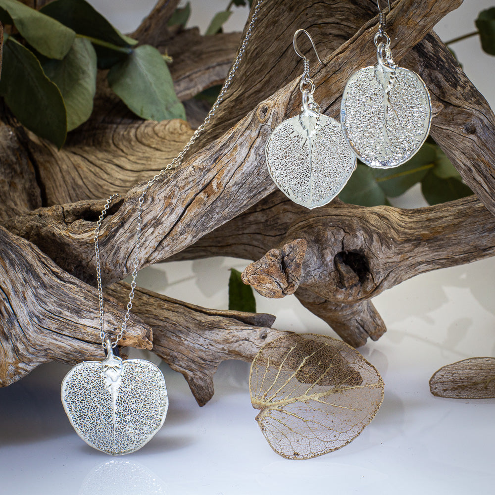 Eucalyptus Apple Gum Leaf Silver Pendant & Earrings Set