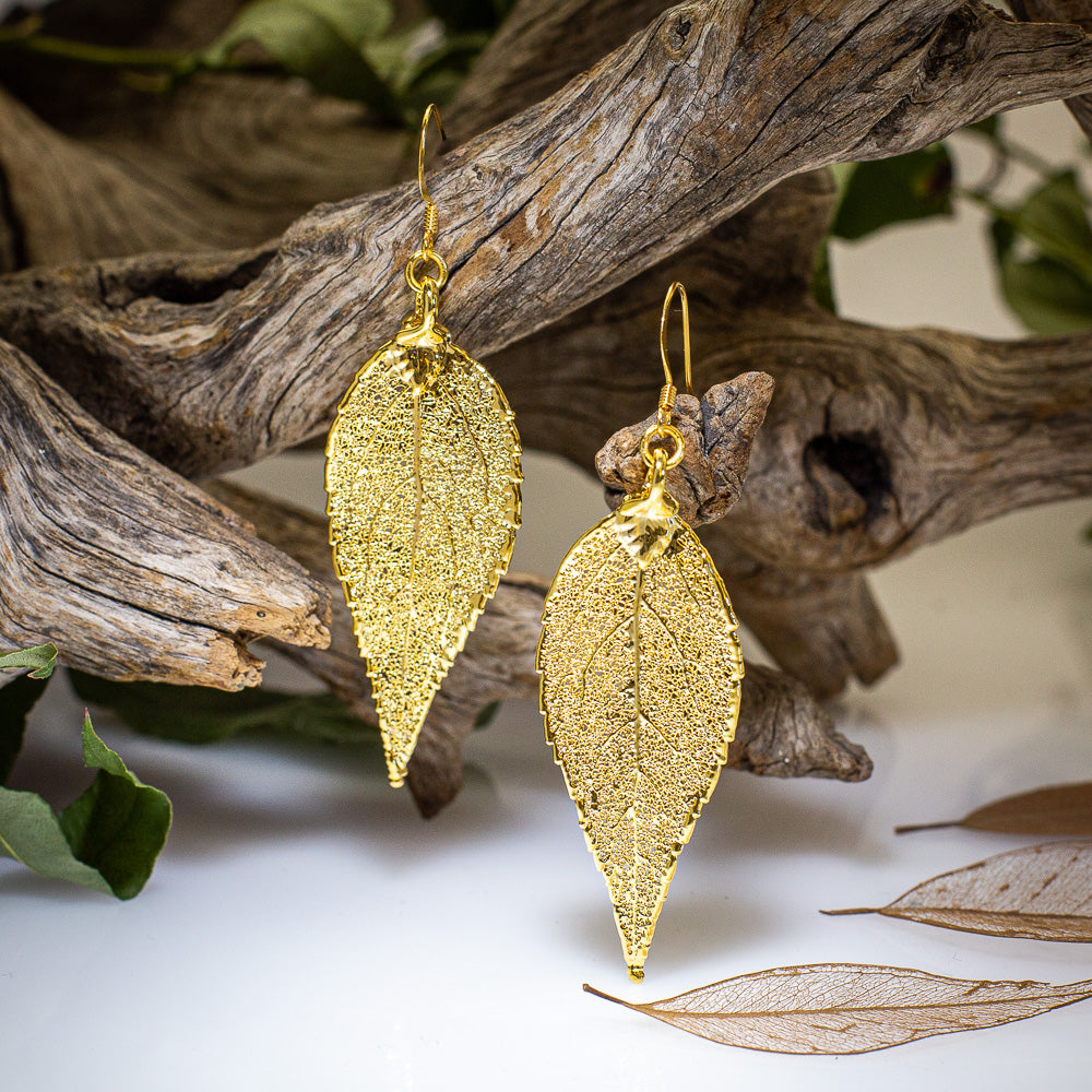 Eucalyptus Leaf Gold Pendant & Earrings Set