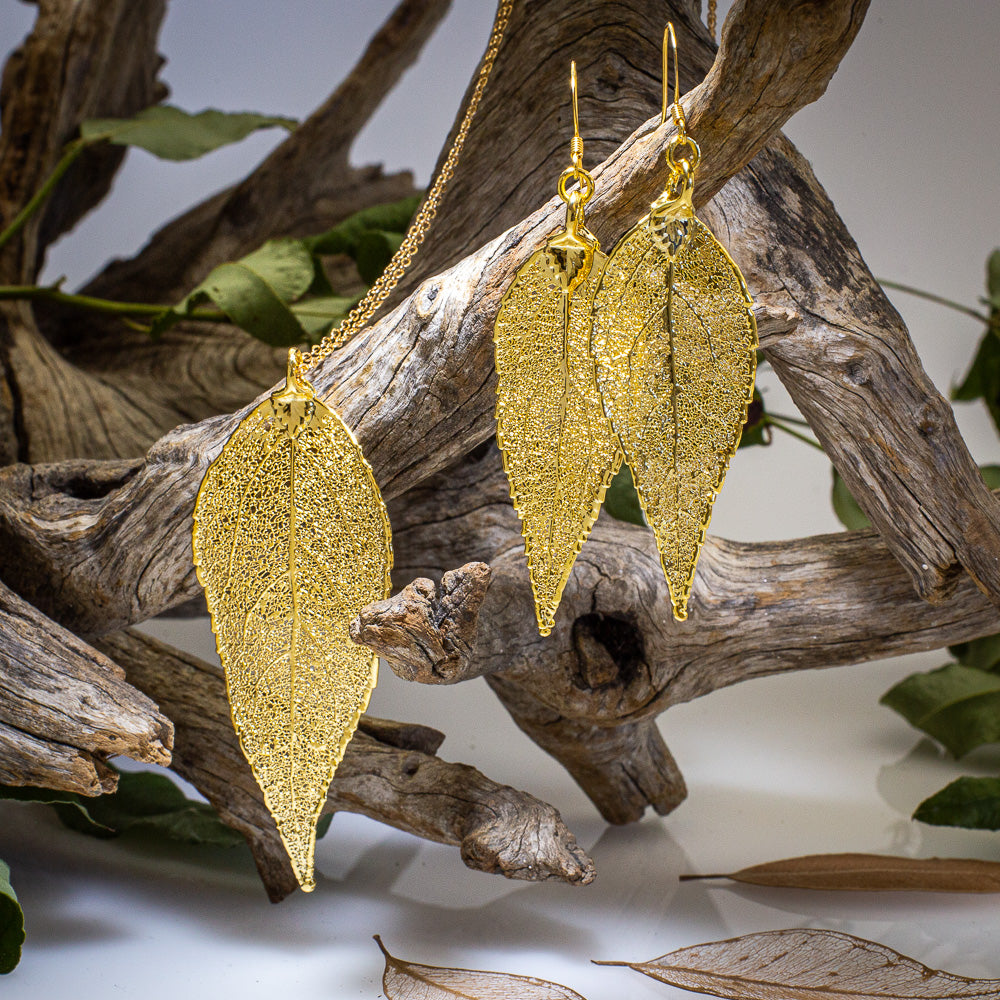 Eucalyptus Leaf Gold Pendant & Earrings Set