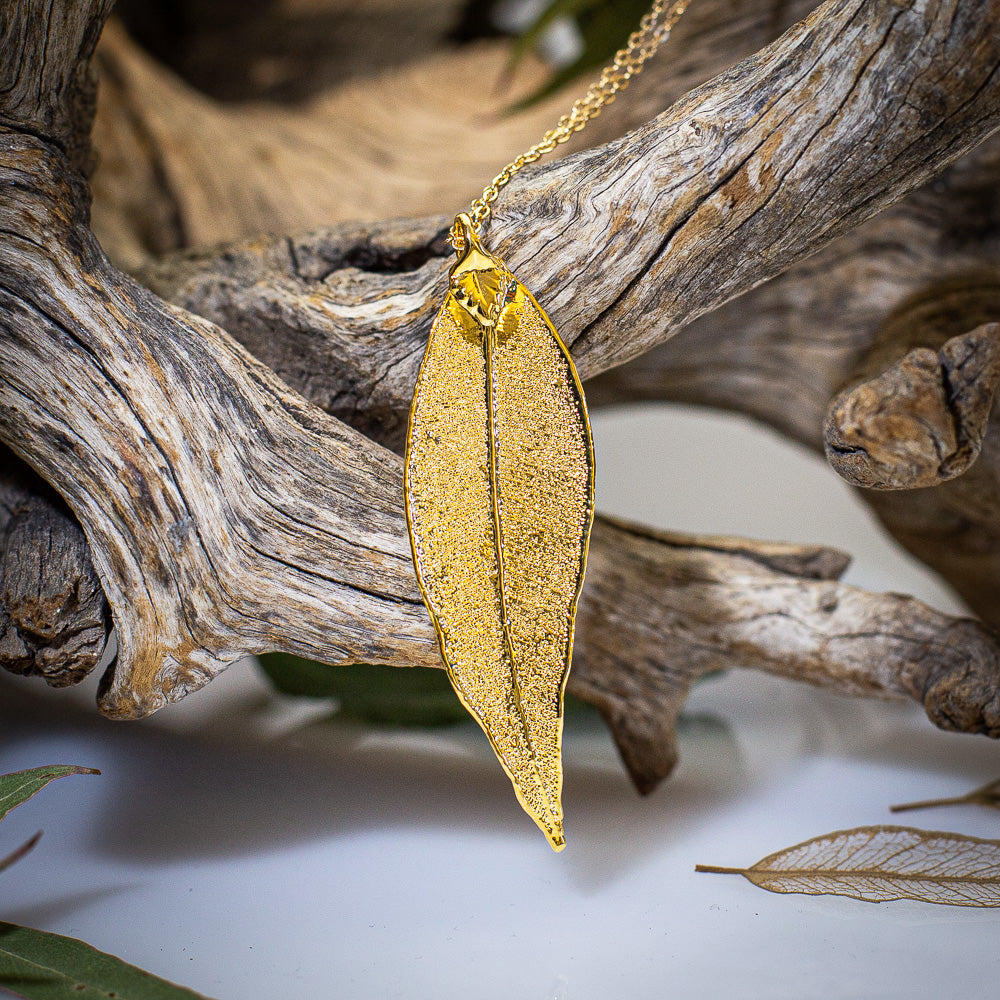 Red Gum Eucalyptus Leaf Gold Pendant & Earrings Set