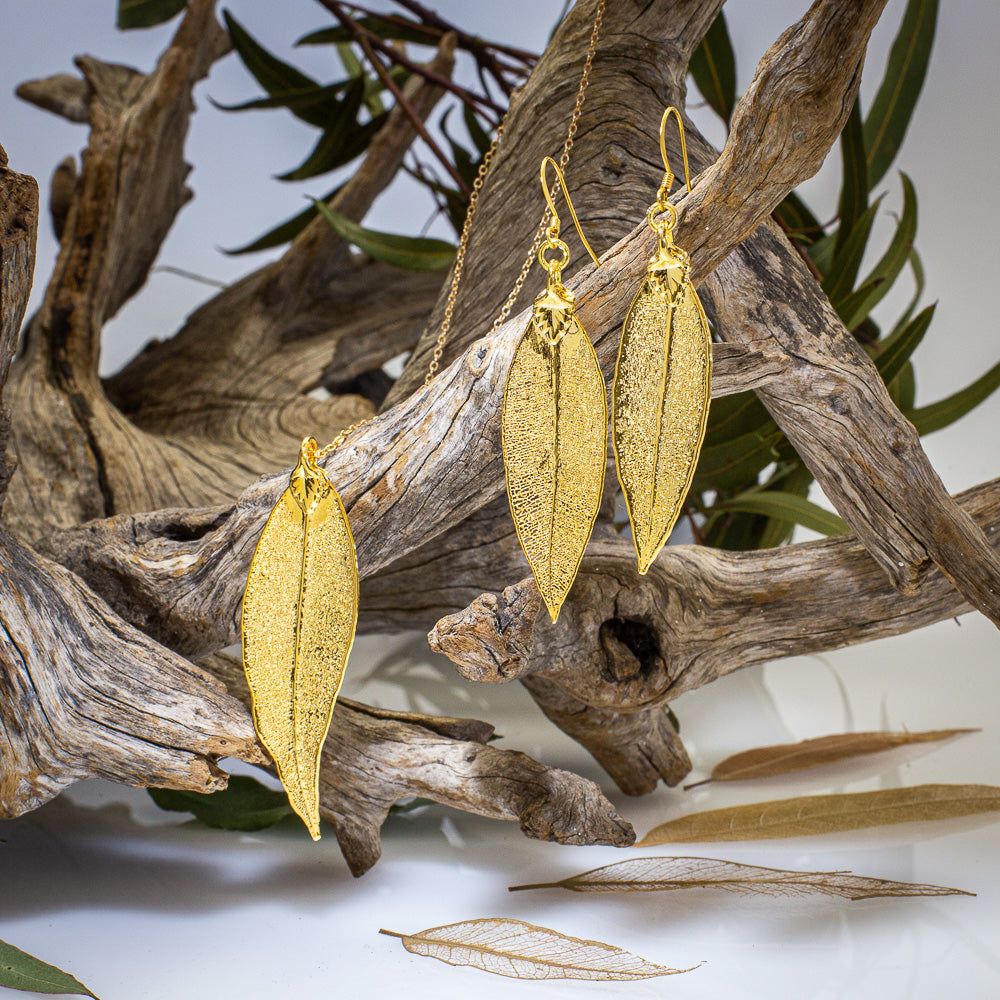 Red Gum Eucalyptus Leaf Gold Pendant & Earrings Set