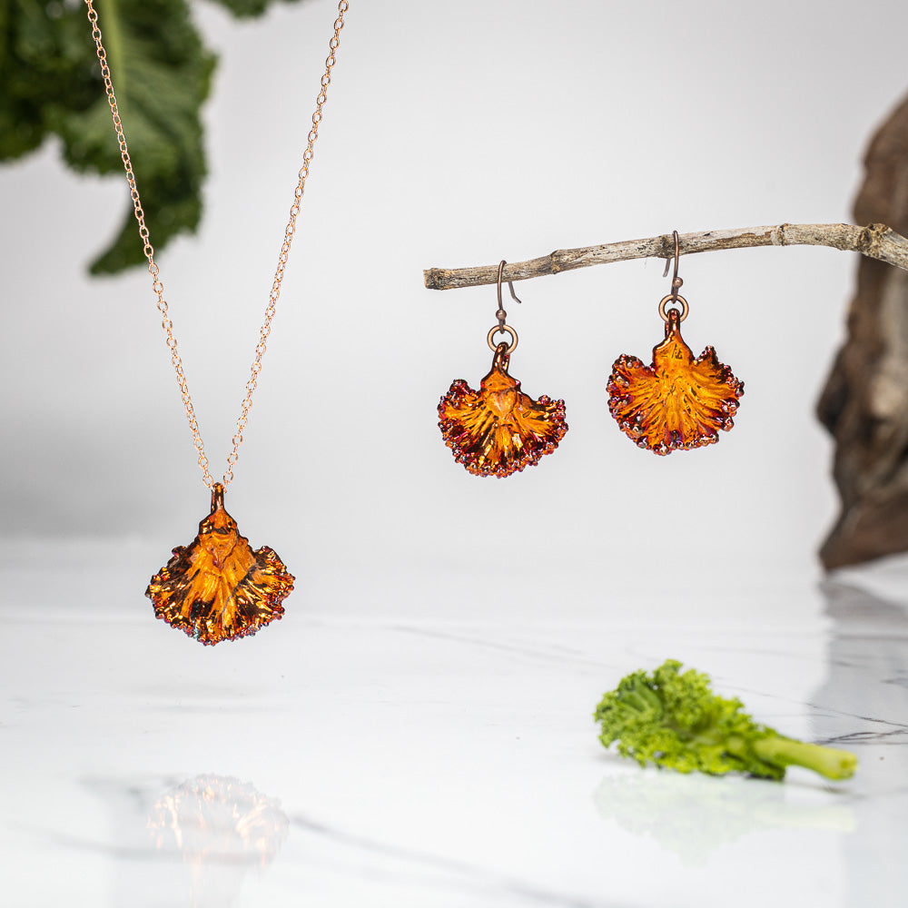 Real Kale Leaf - Copper Pendant & Earrings Set